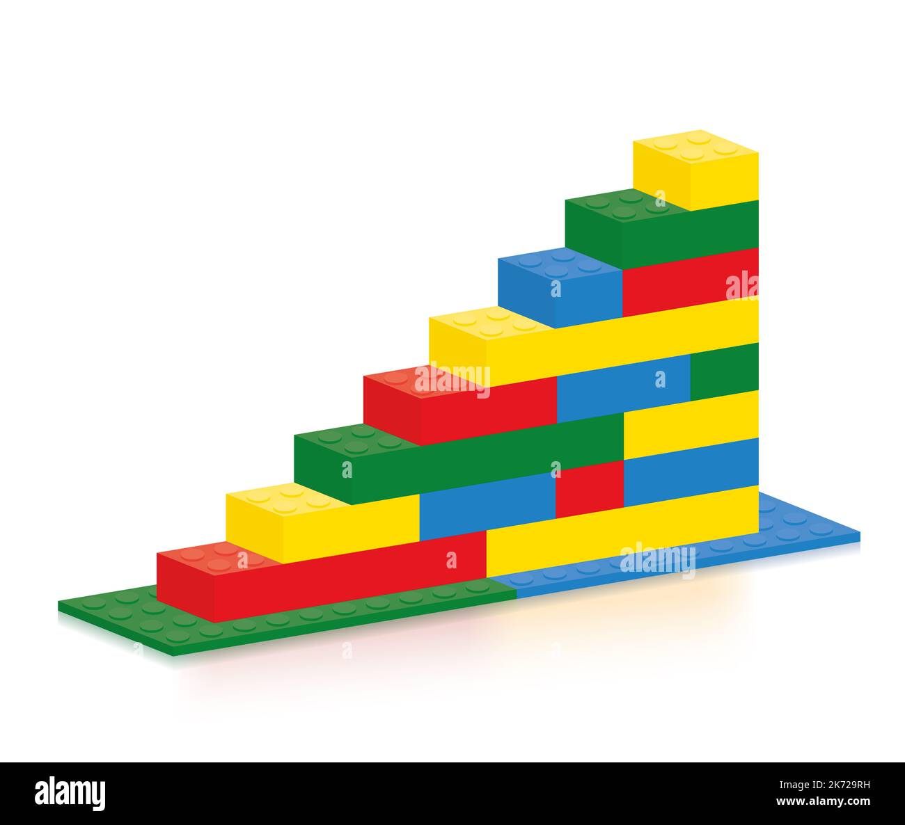 Stairs built from colorful plastic building blocks, colored individual parts, steps ascending from a platform to the top. Stock Photo