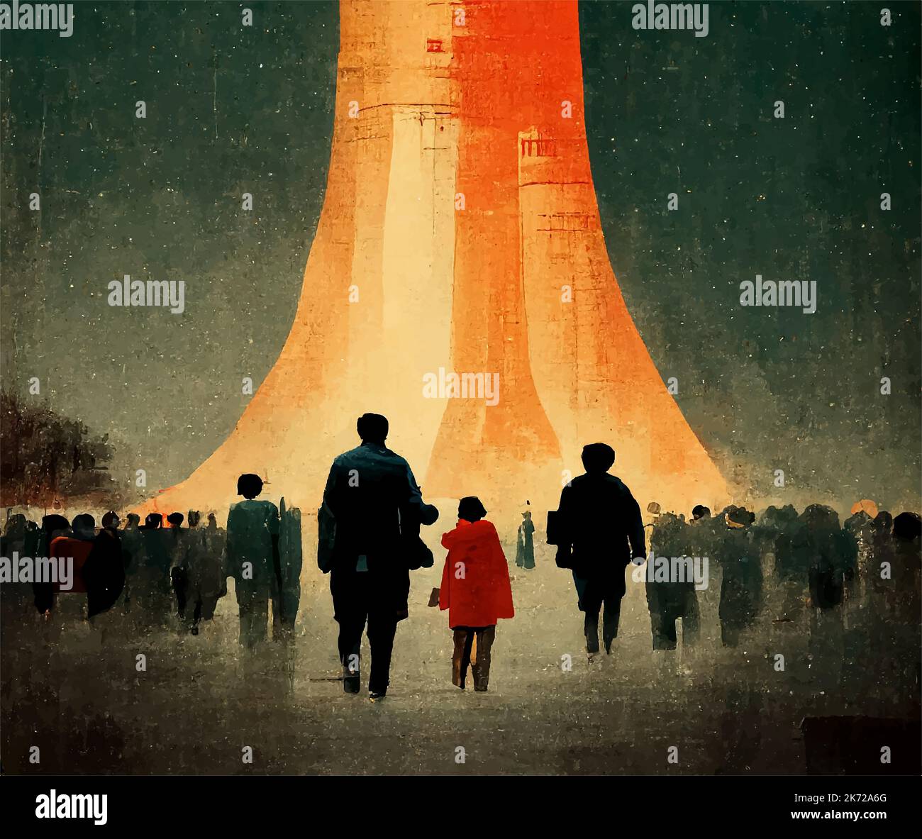 People look at the mushroom from the explosion of a nuclear bomb over