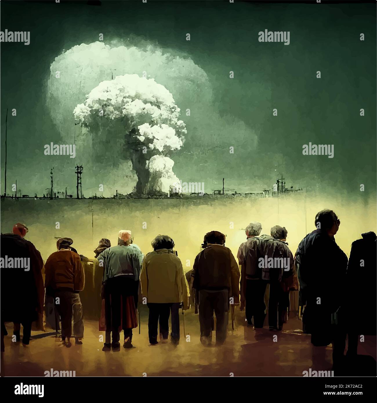 People look at the mushroom from the explosion of a nuclear bomb over