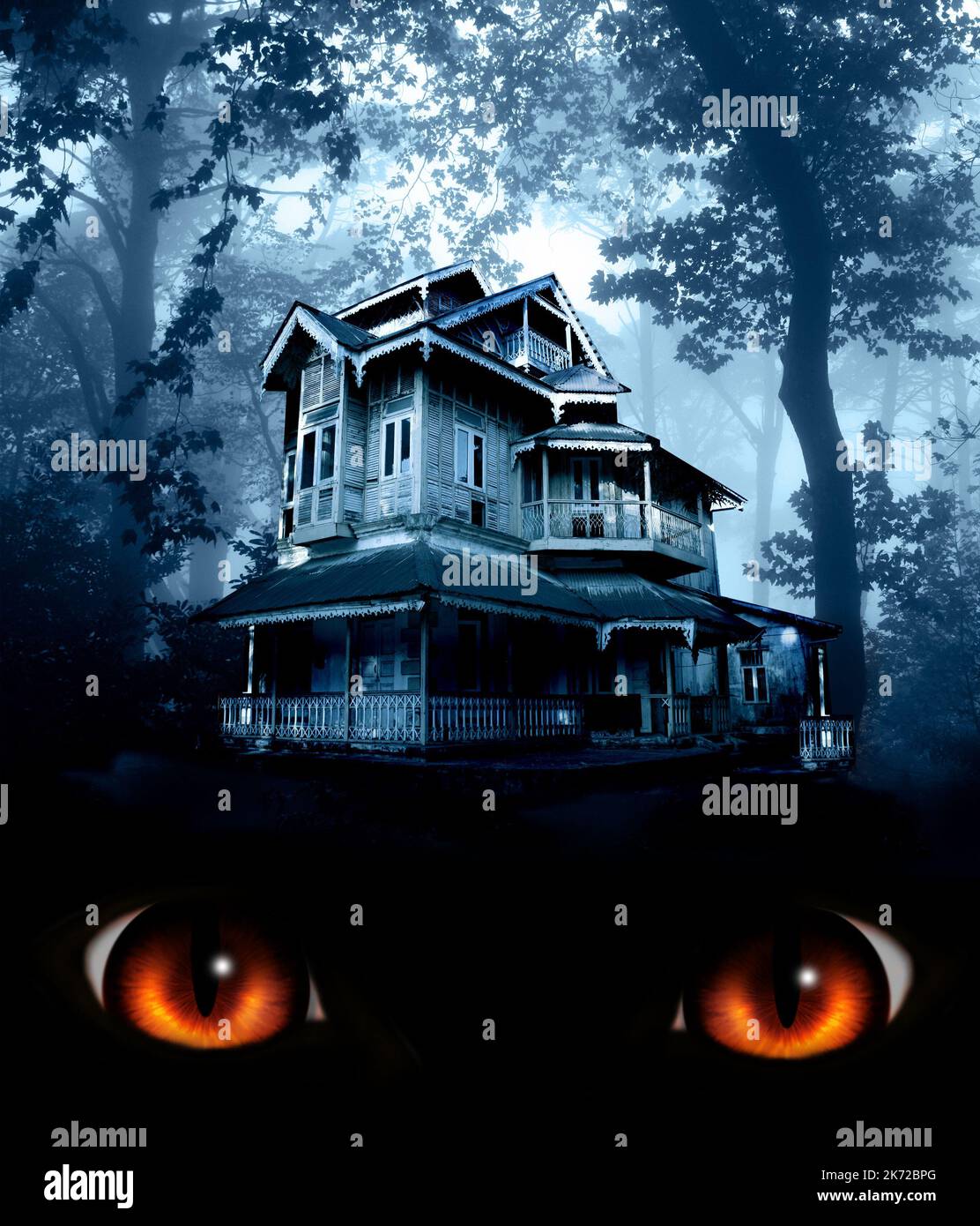 Vertical Halloween banner with haunted house in the night forest. Old