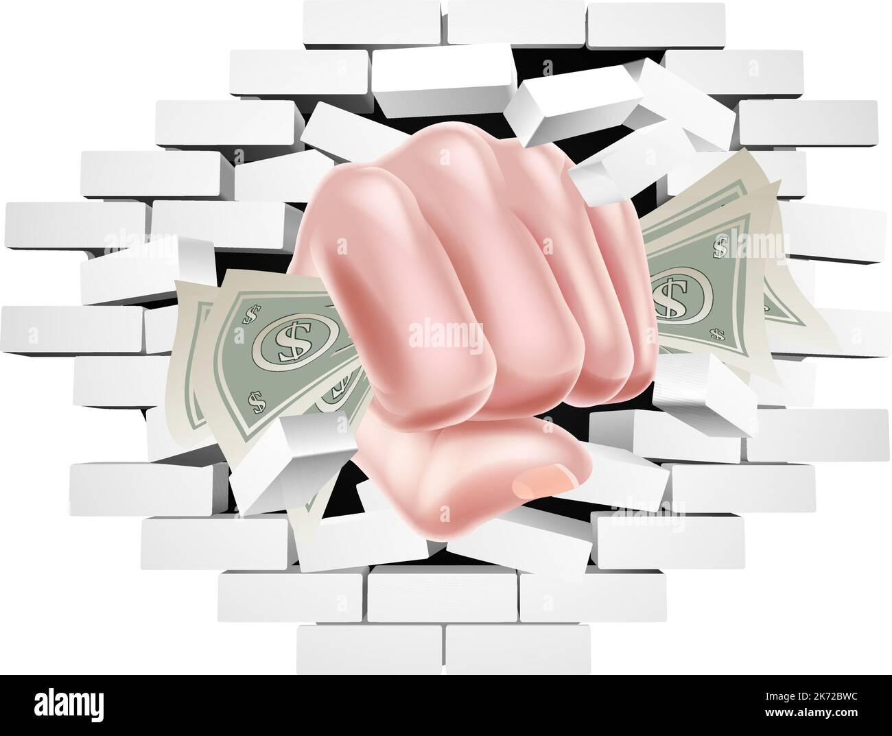 Money Fist Hand Holding Cash Punching Through Wall Stock Vector