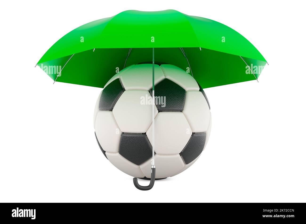 Soccer ball under umbrella, 3D rendering isolated on white background
