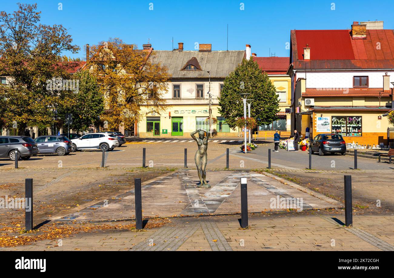 Andrychow, Poland - October 10, 2022: Adam Mickiewicz square with Andrychowianka girl fountain in historic old town quarter of Andrychow Stock Photo
