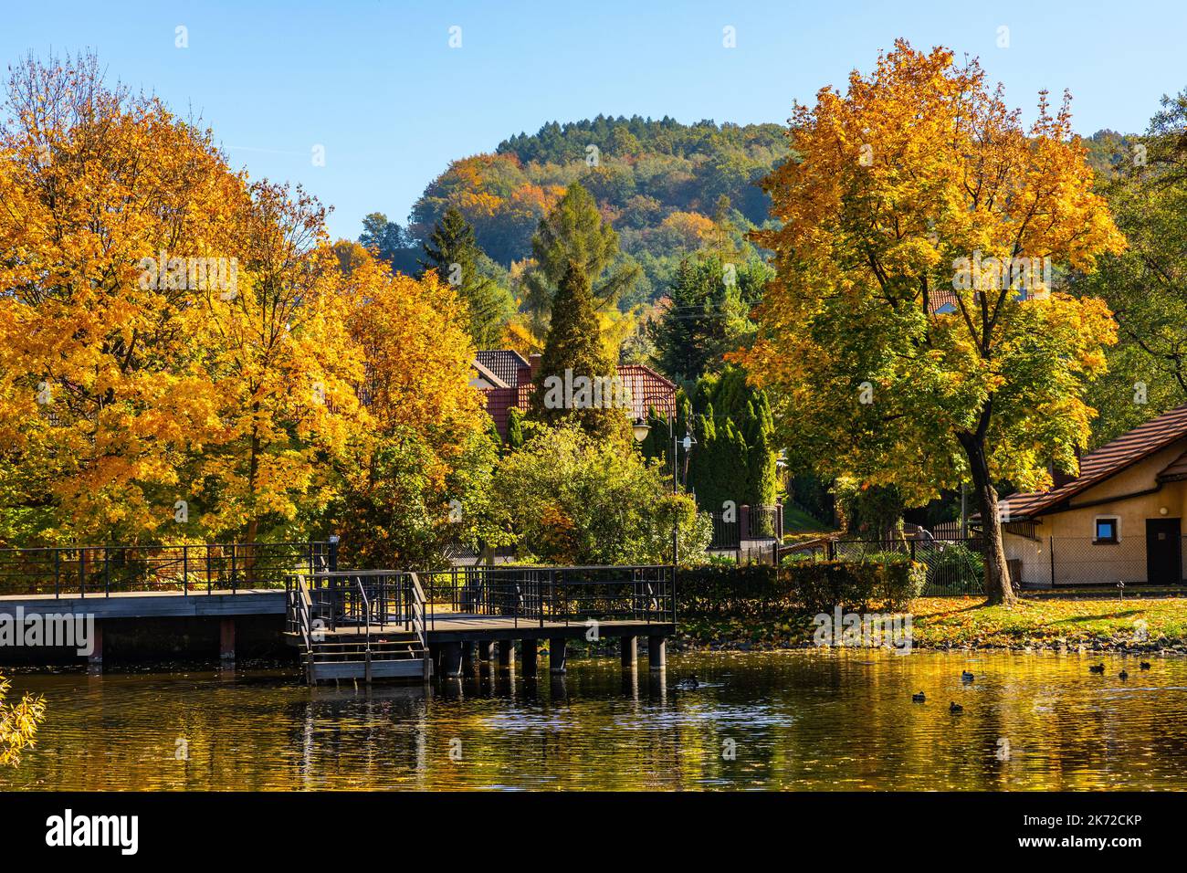 City park and lake with colorful fall trees in historic old town ...