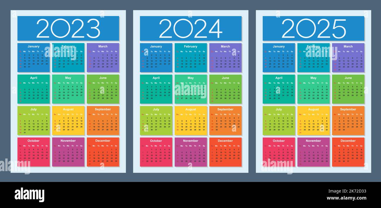 Colorful calendar for 2023, 2024 and 2025 years. Week starts on Sunday