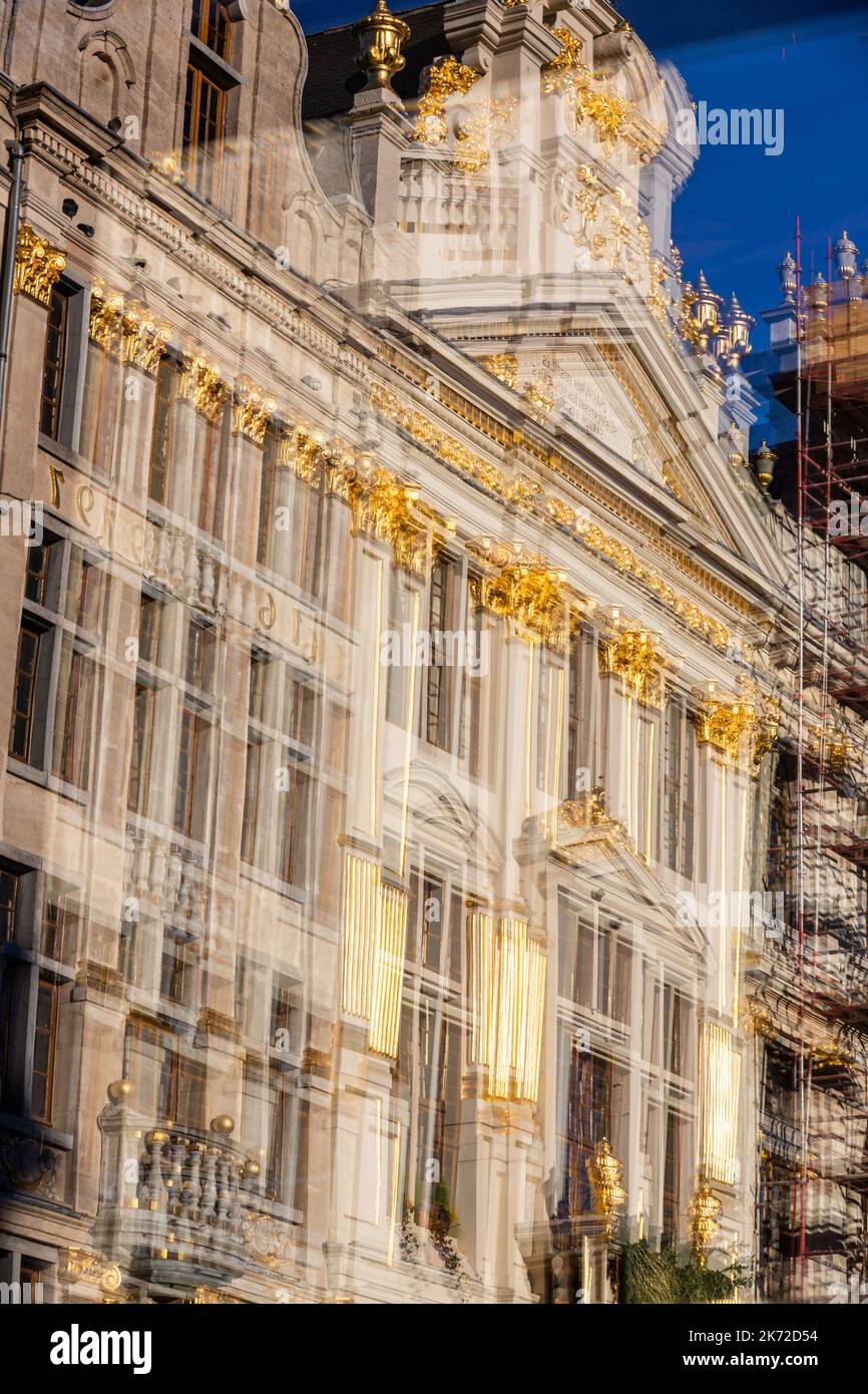 Reflection, in a double glazed window, of an old building in the Grand Place of Brussels Stock Photo