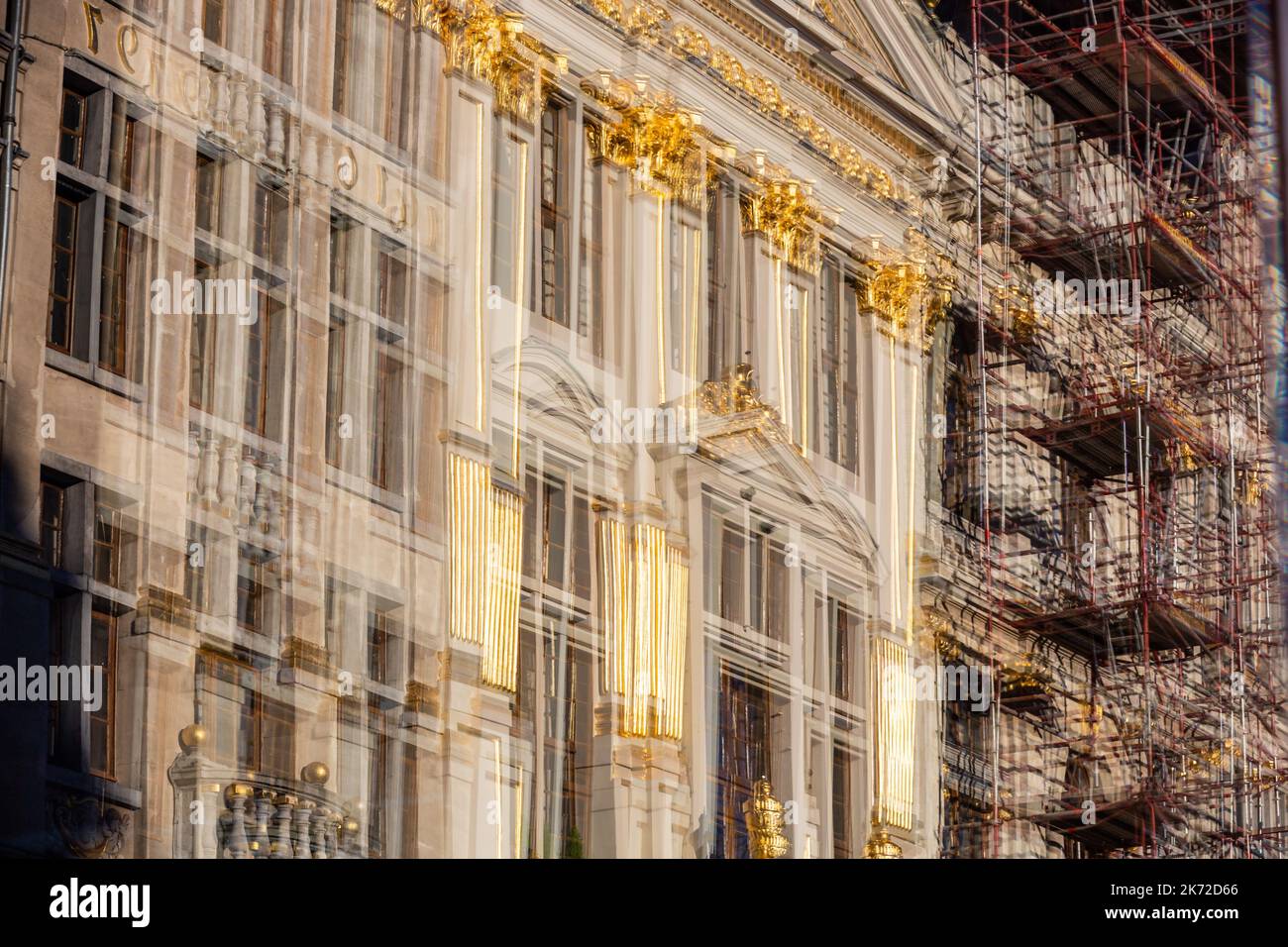 Reflection, in a double glazed window, of an old building in the Grand Place of Brussels Stock Photo
