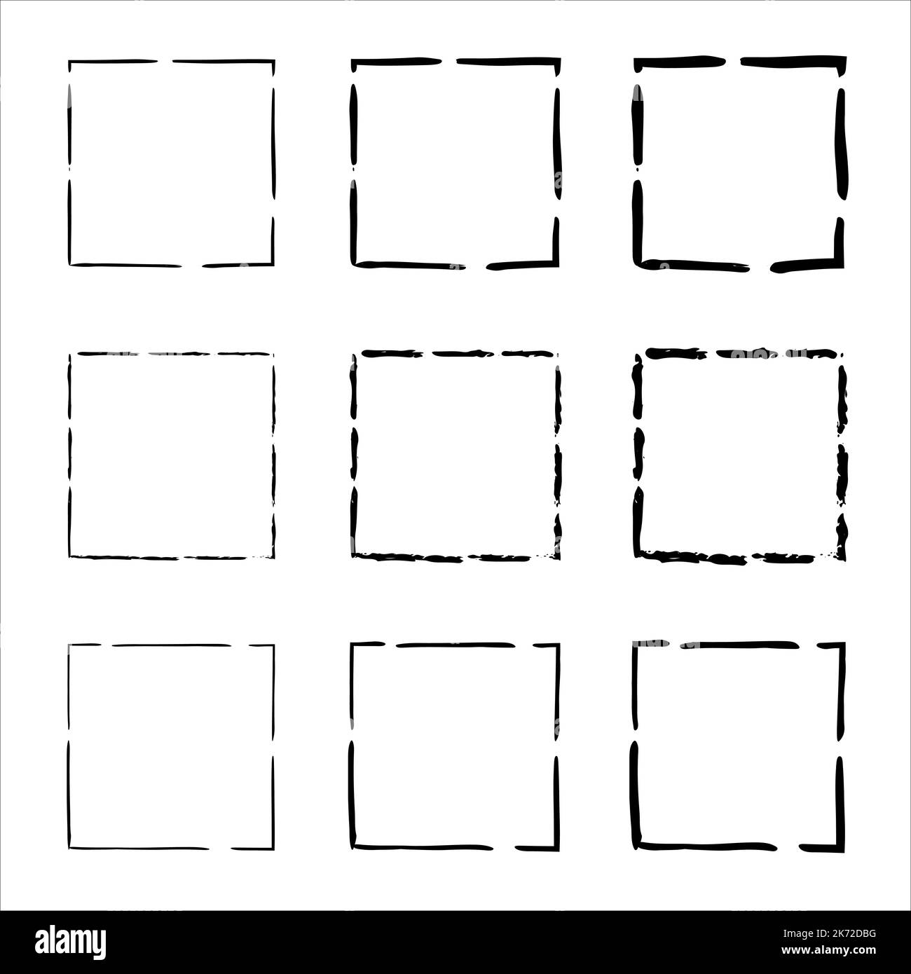 Hand drawn frames. black square shape borders. Set of grunge square