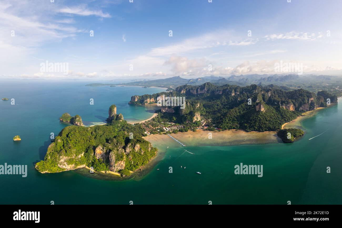 Krabi, Thailand: Aerial panorama of the famous Railay beach in Krabi along the Andaman sea in southern Thailand on a sunny day Stock Photo