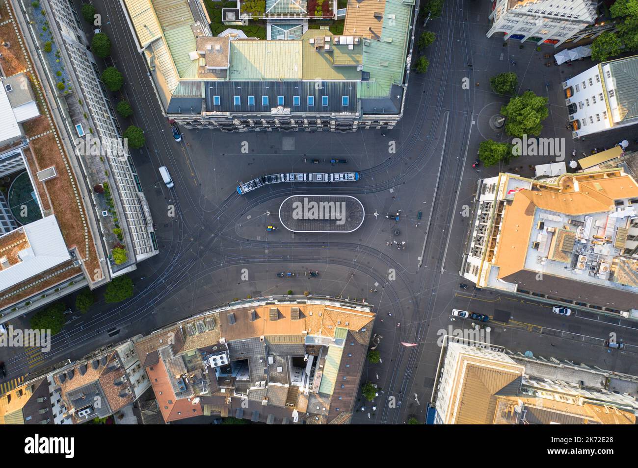 Zurich, Switzerland: Top down view of the Parade Platz square that hosts the Swiss largest banks and luxury hotels in Switzerland largest city Stock Photo