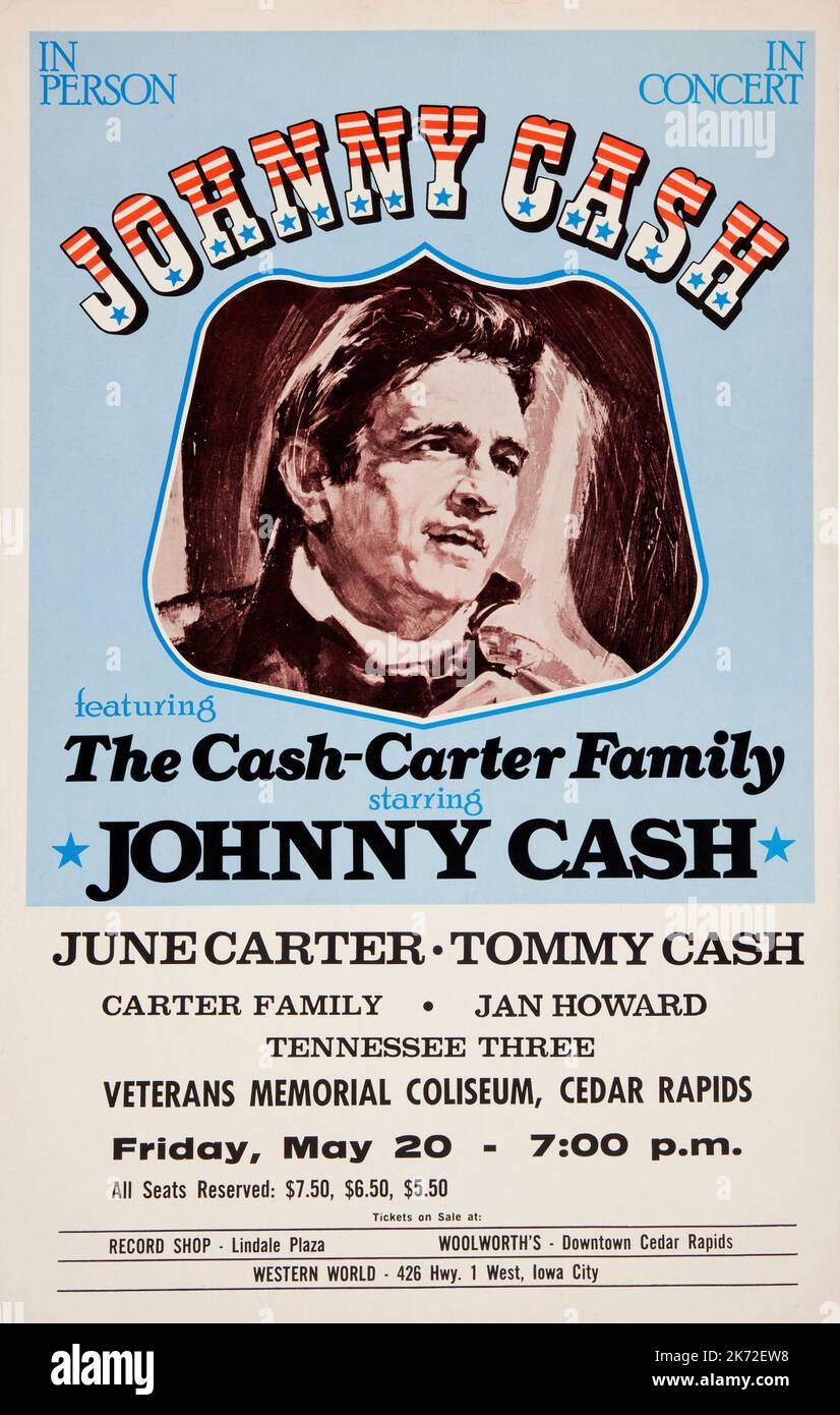 Johnny Cash - The Cash-Carter Family - Tennessee Three - Cedar Rapids Concert Poster (1977) Stock Photo