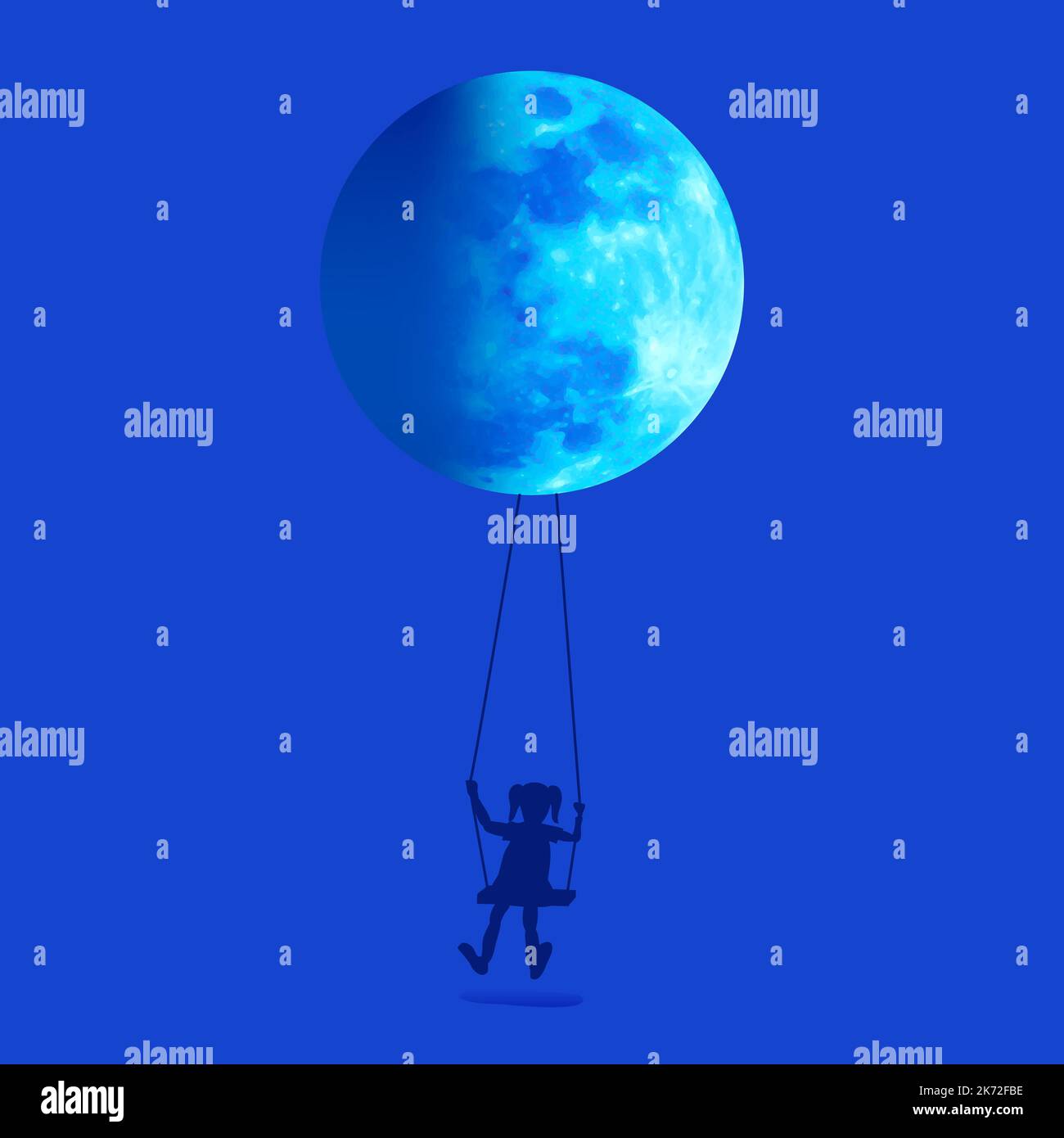 A girl sitting on a swing under the big blue moon Stock Photo - Alamy