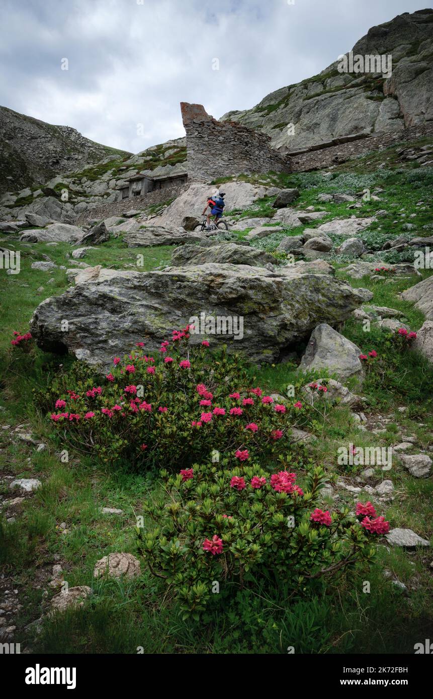 Ruins of the second world war italian military barracks and guardhouse near the pass of of San Bernolfo and Colle Lounge, hiking path between the fren Stock Photo