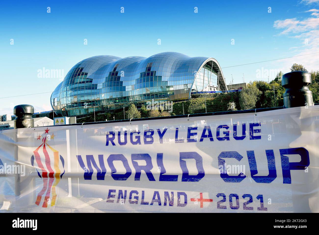 14/10/2022, RLWC2021 fan village on Newcastle's quayside with a view of the Gateshead Sage, UK Stock Photo