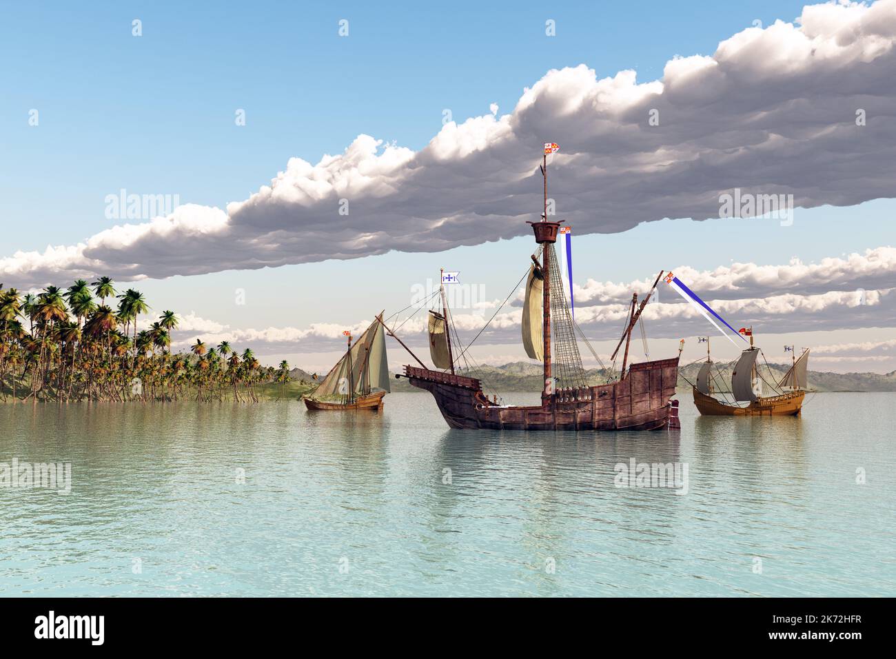 Santa Maria, Nina and Pinta of Christopher Columbus in front of an island Stock Photo Alamy