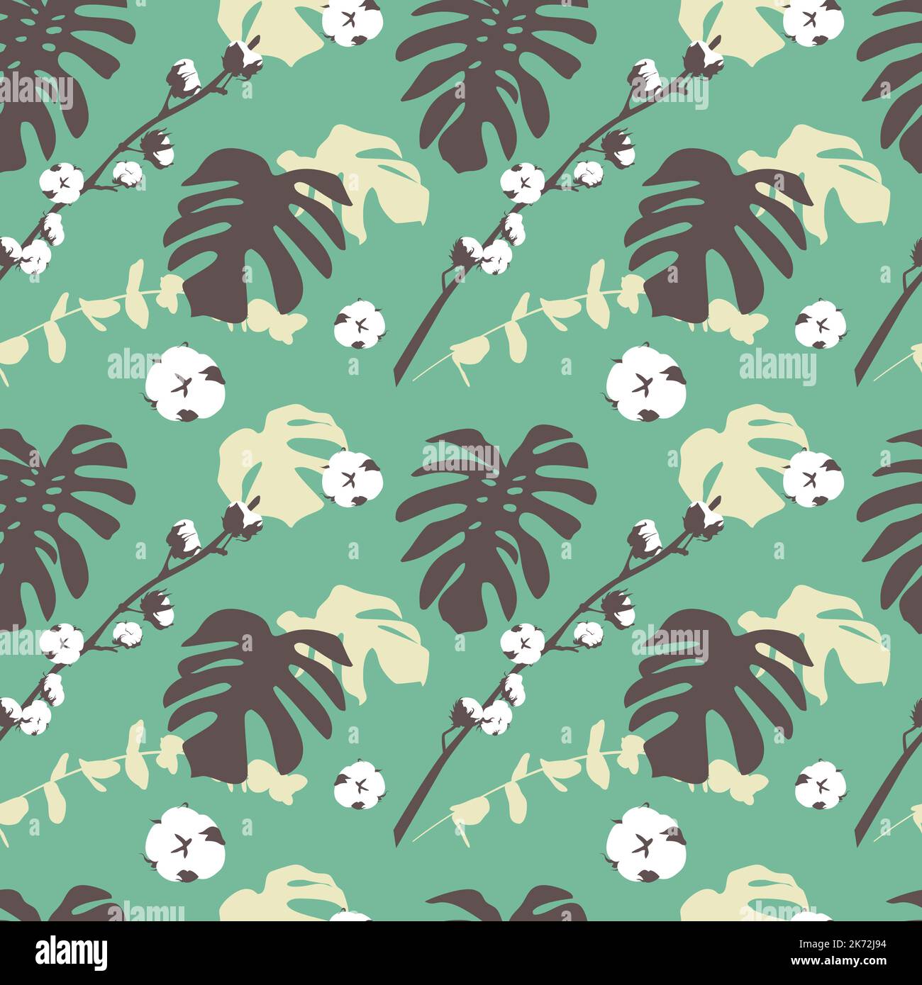 Boho seamless pattern with monstera leaves and cotton Stock Vector