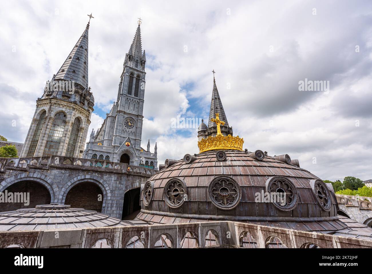 View of the Upper and Lower Basilicas in the Sanctuary of Our Lady of Lourdes in France Stock Photo