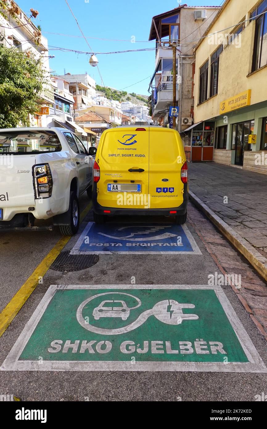 Go Green, electric vehicle charging station, post car, Saranda, Republic of Albania Stock Photo