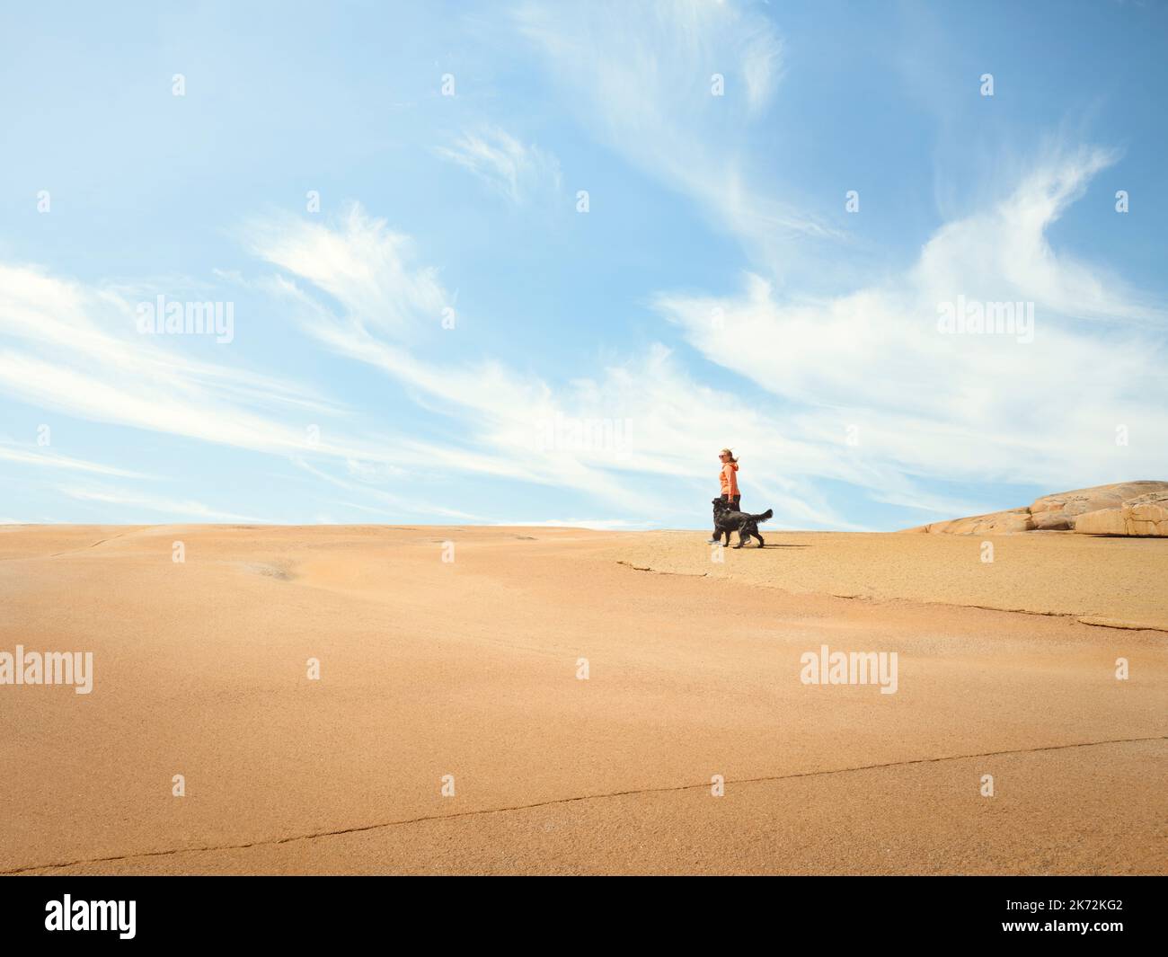 Woman walking dog at sand dune Stock Photo
