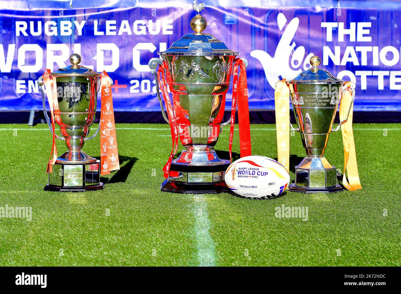 14/10/2022, The 2021 Rugby League World Cups on display in Newcastle the day before for the opening day ceremony at St James Park, Newcastle, UK Stock Photo