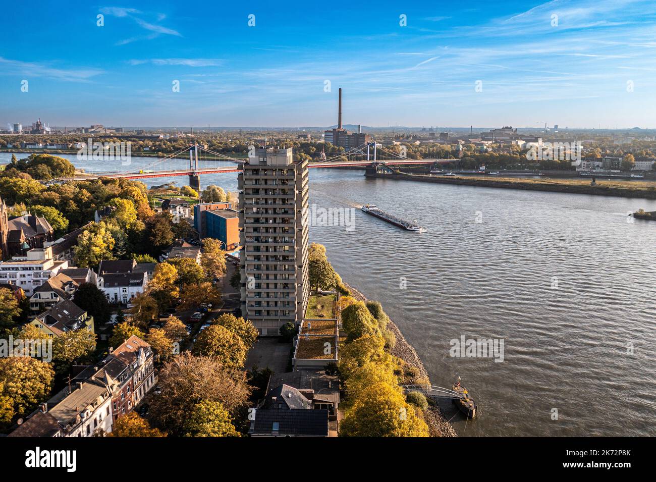 Duisburg Ruhr Area. Rhein River. Drone Aerial in autumn Stock Photo