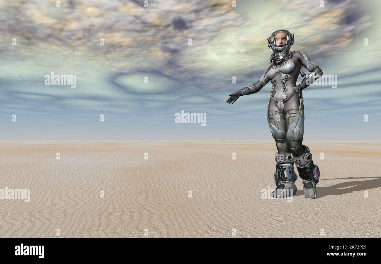 Female astronaut in an alien desert landscape Stock Photo