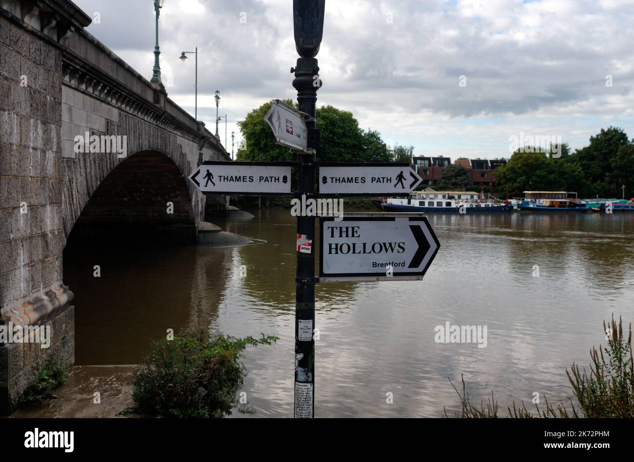 Signposts for the Thames Path along the riverside at Kew and Brentford ...