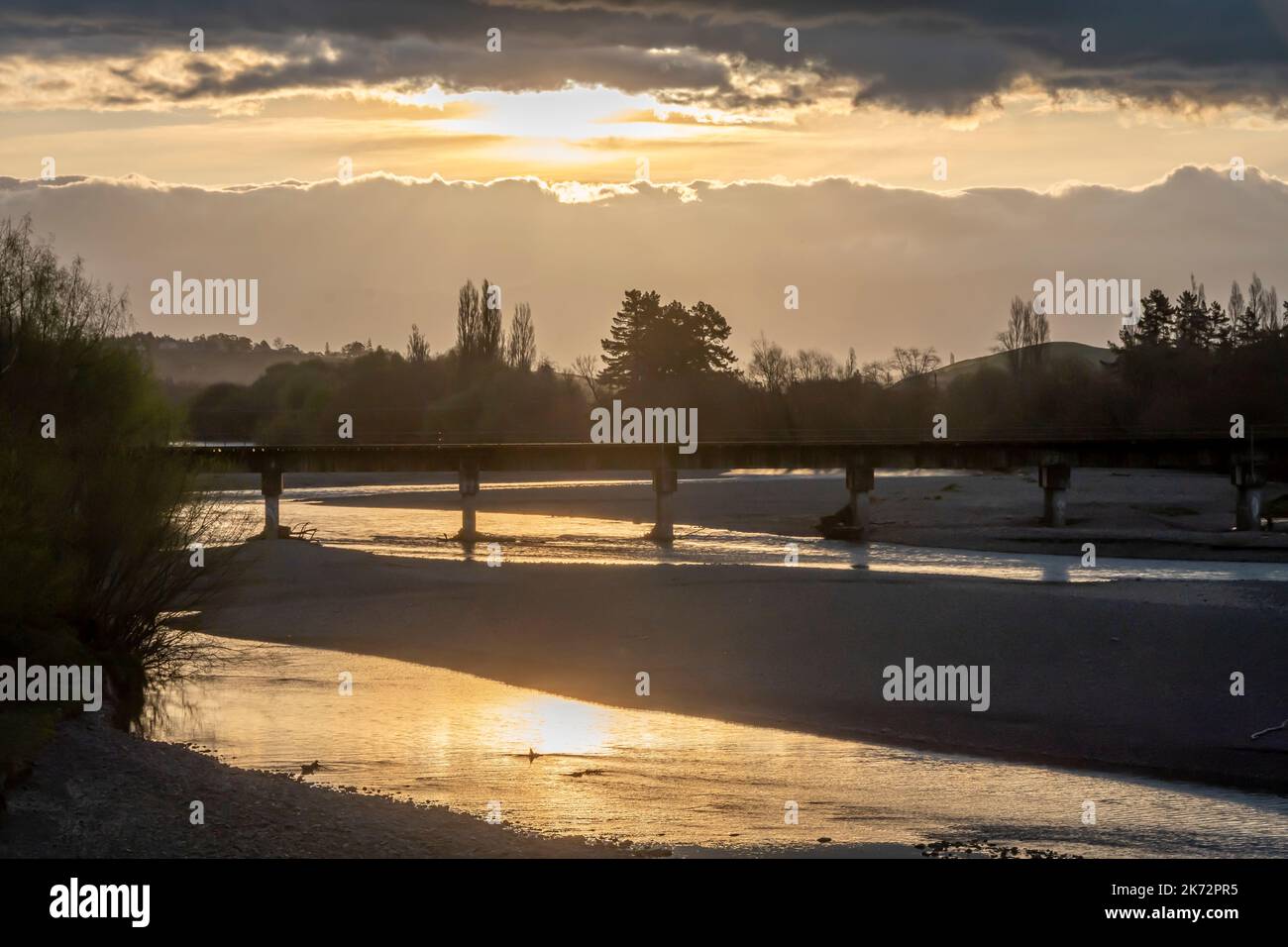 Railway bridge over Tukituki RIver at sunset, Waipukurau, Central Hawke's Bay, North Island, New