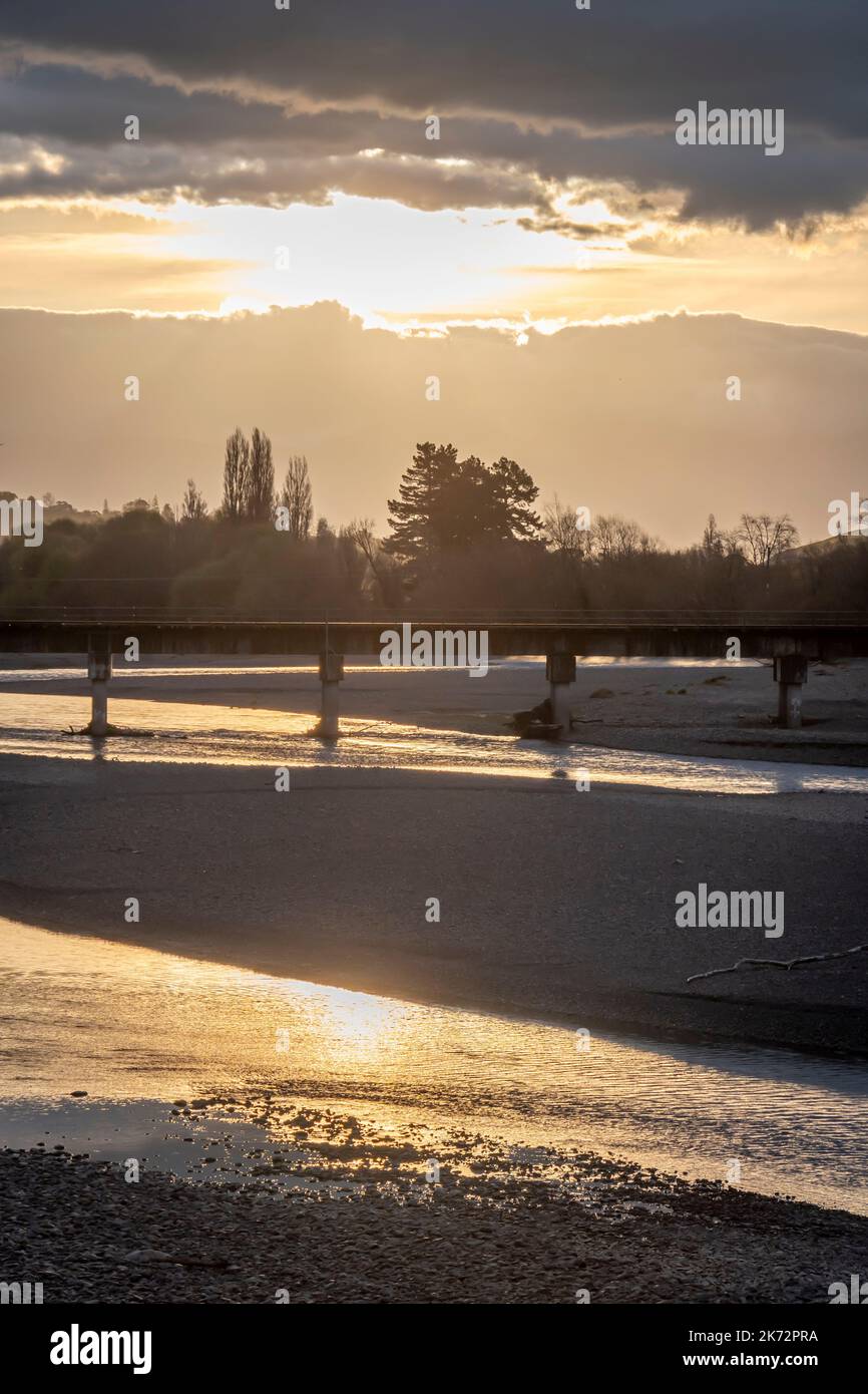 Railway bridge over Tukituki RIver at sunset, Waipukurau, Central Hawke's Bay, North Island, New