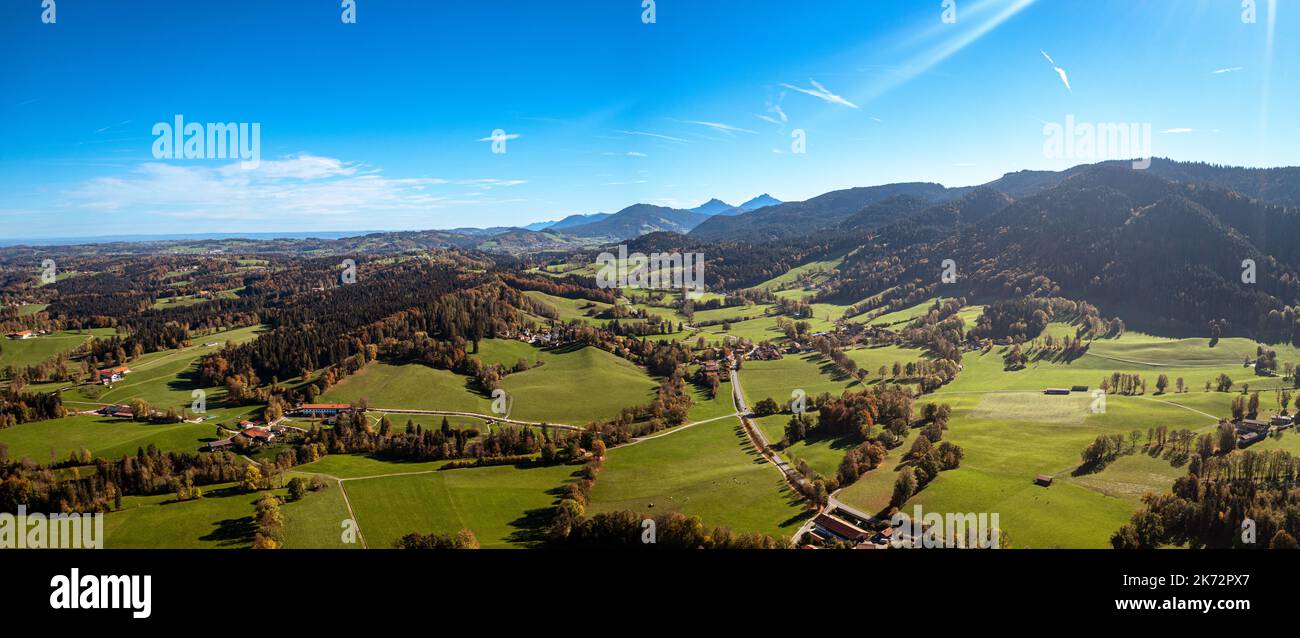 Tegernsee Aerial Fall autumn. Drone Panorama Bavarian Alps Stock Photo