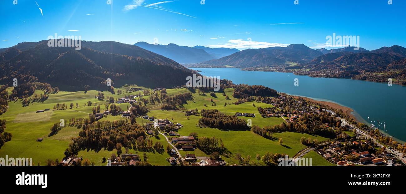 Tegernsee Aerial Fall autumn. Drone Panorama Bavarian Alps Stock Photo