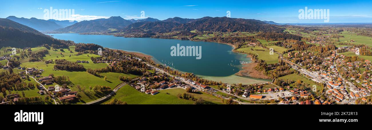 Tegernsee Aerial Fall autumn. Drone Panorama Bavarian Alps Stock Photo