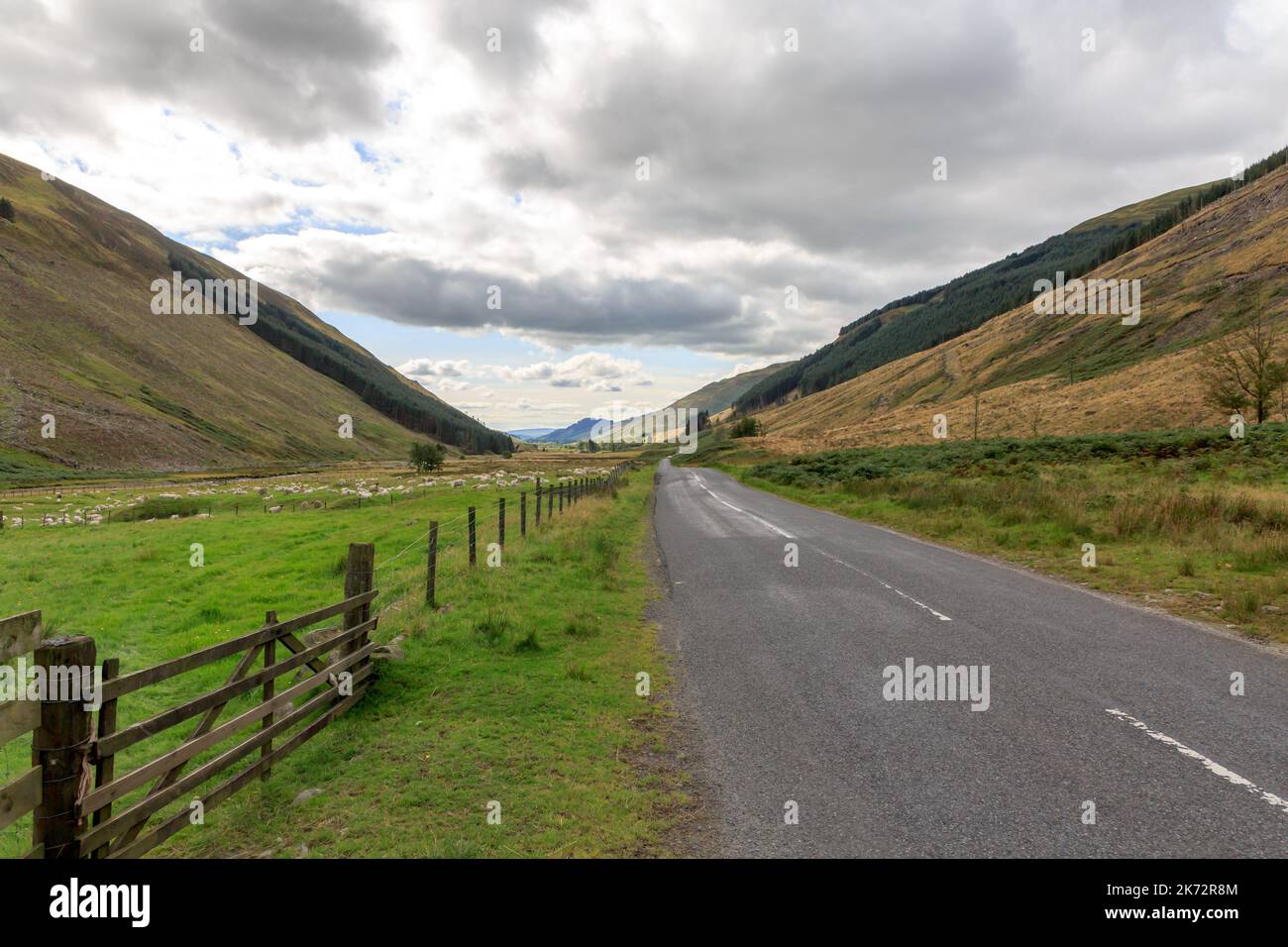 View down the valley on the road Moffat, Scotland Stock Photo