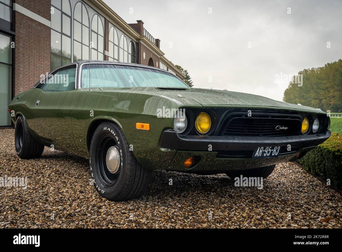 Brummen, Province Gelderland, The Netherlands, 15.10.2022, Front-side view of classic Dodge Challenger from 1972 Stock Photo