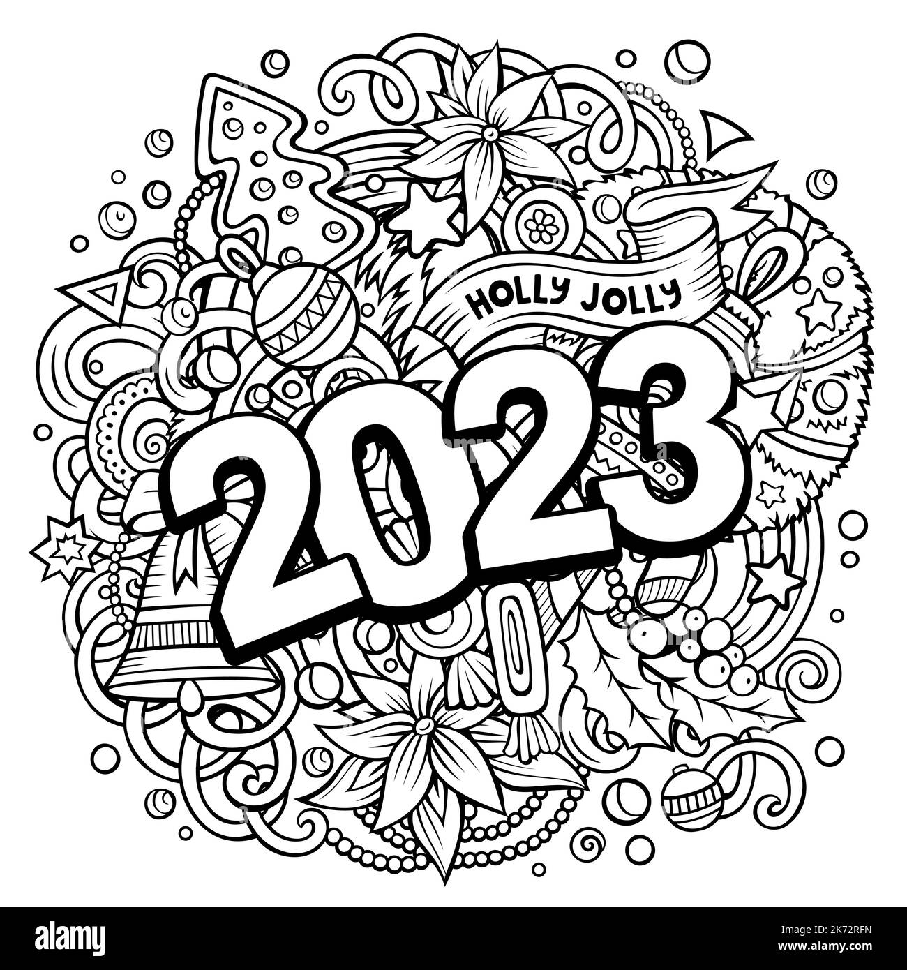 2023 doodles illustration. New Year objects and elements poster design