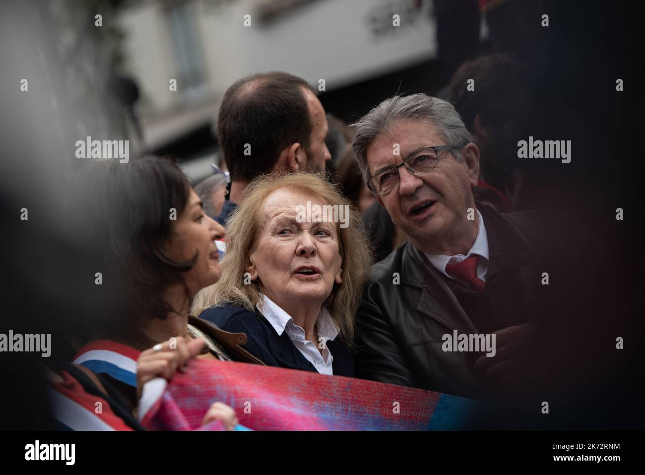 Leader of La France Insoumise LFI and member of the left-wing coalition NUPES Jean-Luc Mélenchon and 2022 Nobel Literature Prize winner Annie Ernaux during a rally against soaring living costs and climate inaction called by French left-wing coalition NUPES (New People's Ecologic and Social Union) in Paris, France on October 16, 2022. Photo by Khanh Renaud/ABACAPRESS.COM Stock Photo
