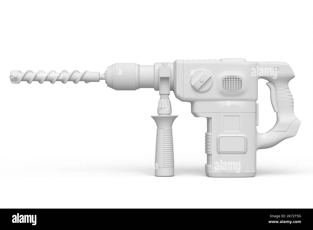 Electric drill with cord and attached metal bit isolated on white monochrome background. 3d render and illustration of tool for repair and installatio Stock Photo