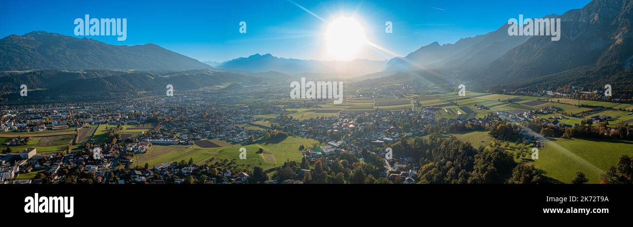 Valley of the river Inn. Hall in Tyrol close to Innsbruck. Scenic Mountain panorama Stock Photo