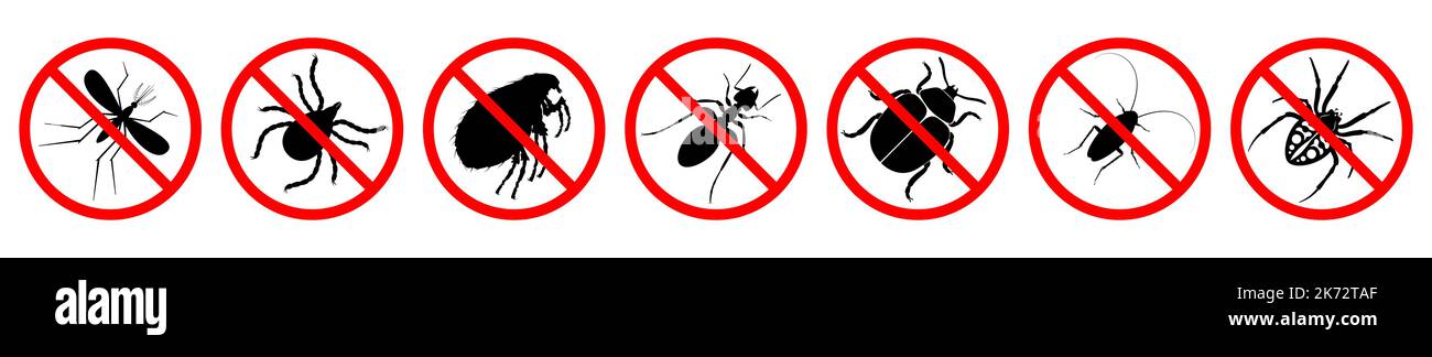 Insect ban signs set. Pest is forbidden. Prohibition of various parasitic insects. Red STOP sign. Vector illustration. Stock Vector