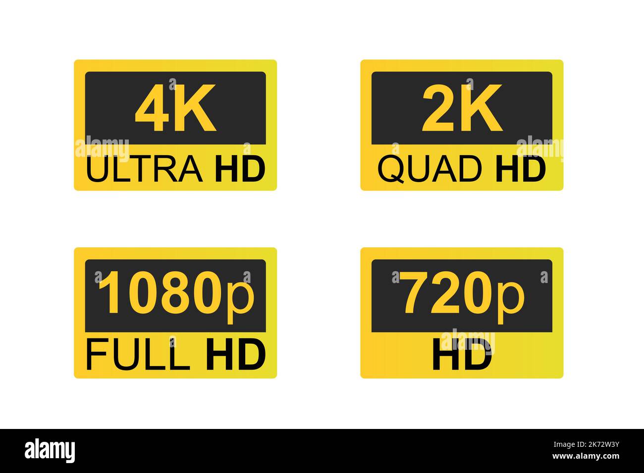 Display Resolution Gold Icons, 4k ultra HD resolution, 2k Quad HD, Full HD 1080p, and HD 720p. Stock Vector