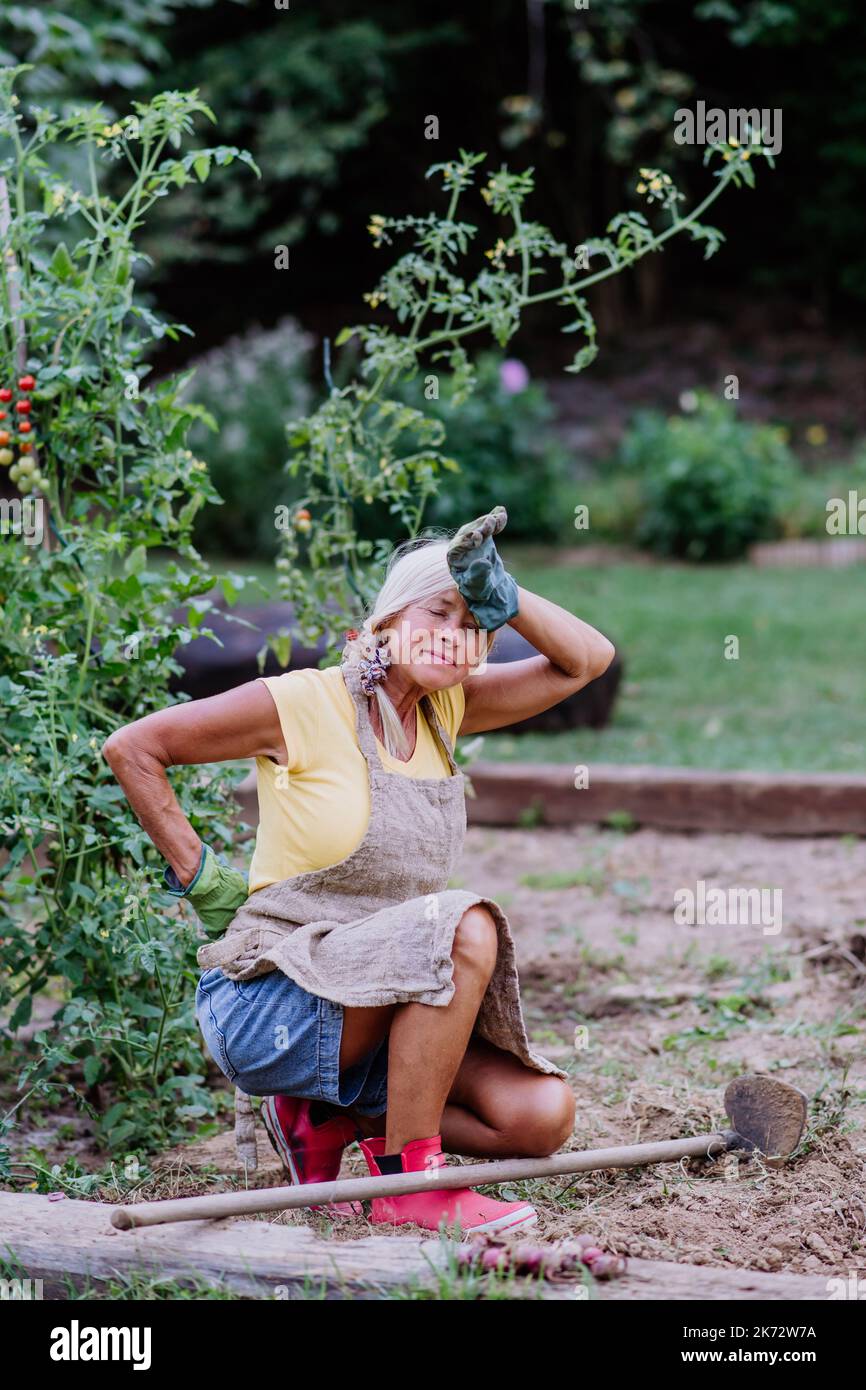 Senior woman resting after manual working in her garden, having pain in