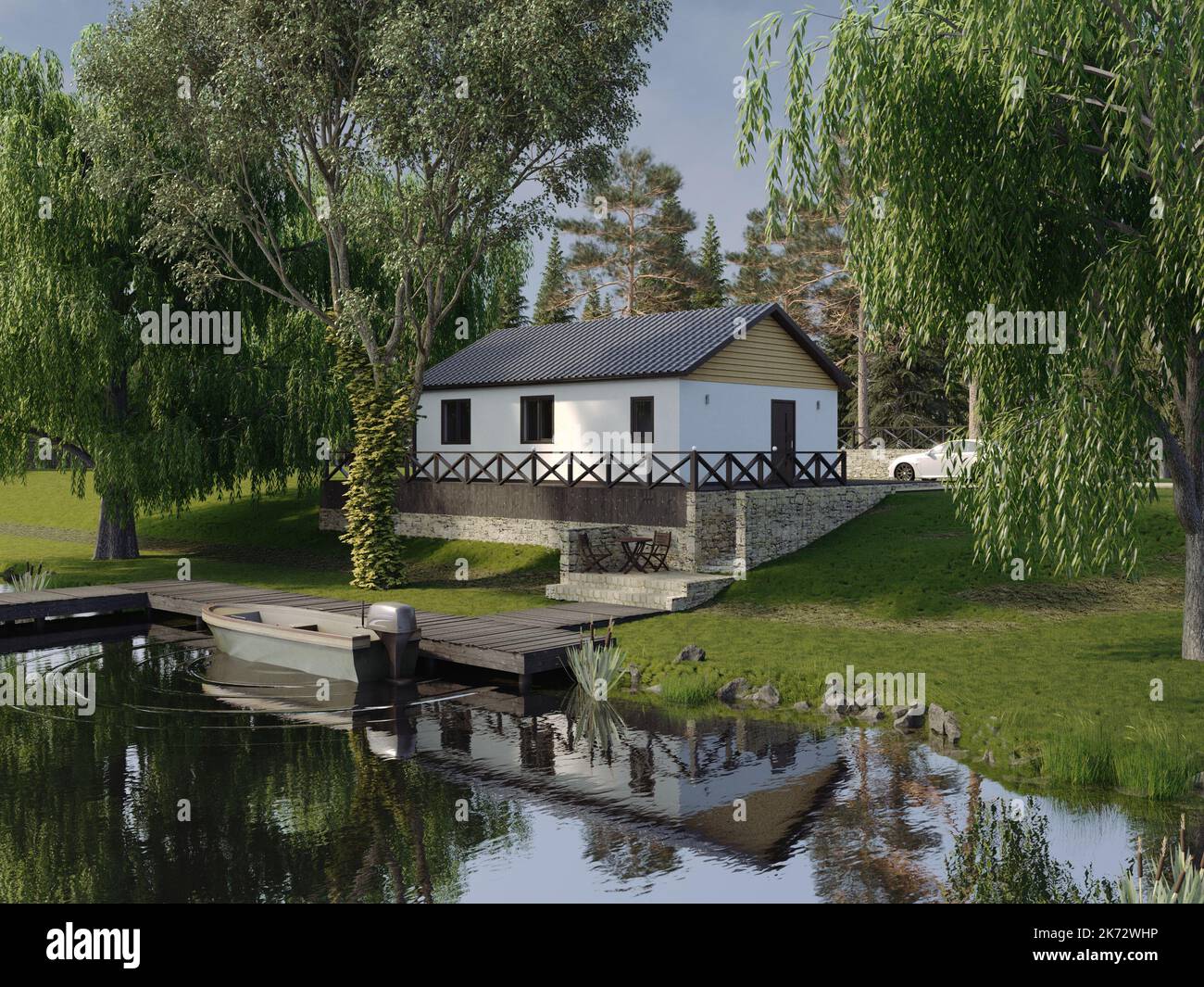 3d render of a house on the river bank Stock Photo - Alamy