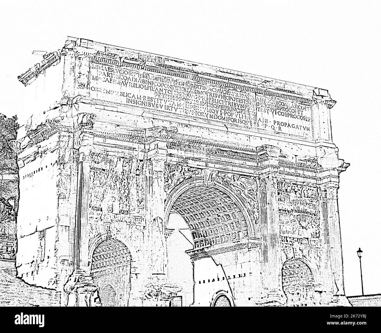 Triumphal arch of Septimius Severus at Roman Forum, Rome, Italy. Famous landmark, Italian historical monument. Digital monochrome drawing imitation Stock Photo