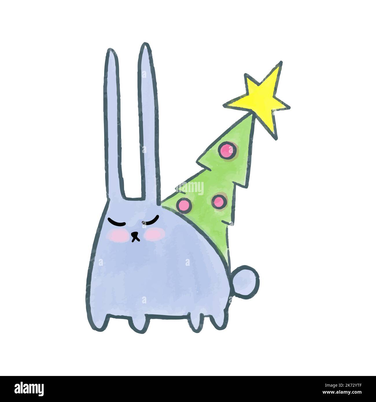 Vector Cute watercolor hand drawn christmas blue rabbit with fir tree. Rabbit with New Year's