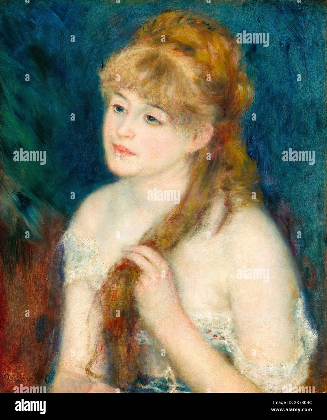 Pierre Auguste Renoir, Young Woman Braiding Her Hair, portrait painting ...