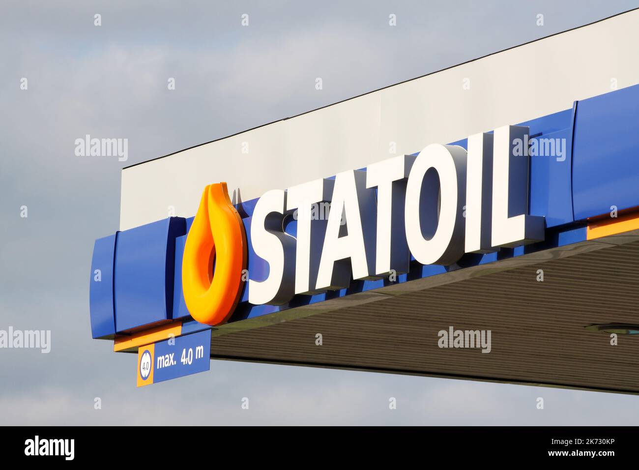 Aarhus, Denmark - June 21, 2015: Statoil logo on a gas station.Statoil ASA is a Norwegian multinational oil and gas company headquartered in Stavanger Stock Photo
