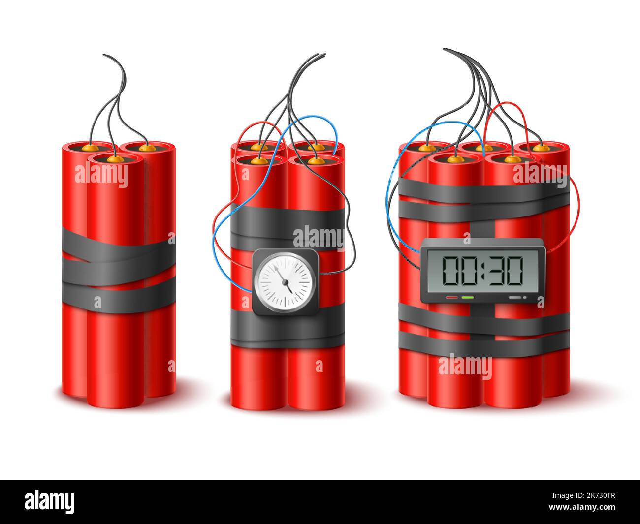 Realistic dynamite. Firecrackers bundles with wick, classic bombs with ...