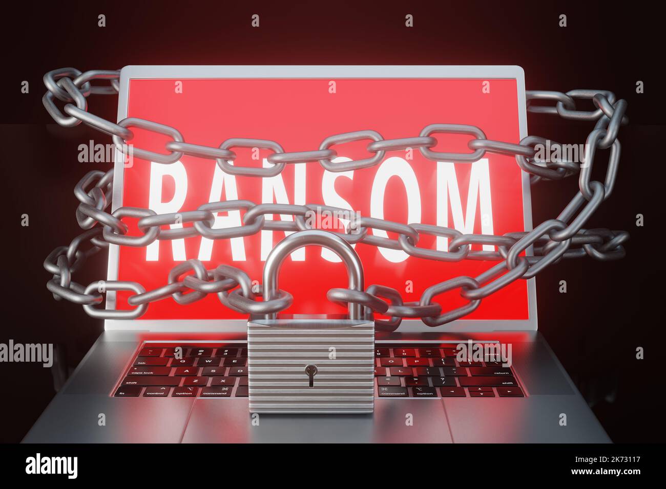 Laptop showing the word RANSOM and being locked by a chain and lock. Illustration of the threats of ransomware and spyware Stock Photo
