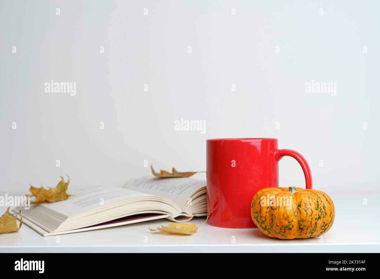 Book, cup and autumn pumpkin with fall leaves on white table background. Atmosphere and comfort of the autumn holidays and mood. Reading, home concept. High quality photo Stock Photo