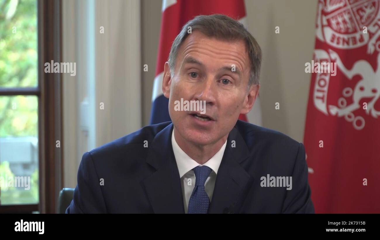 PA video grab image of Chancellor Jeremy Hunt speaking to the nation from the Treasury in London, during an emergency statement as he confirmed he is ditching many of the measures in the mini-budget, including the planned cut to income tax. Picture date: Monday October 17, 2022. Stock Photo